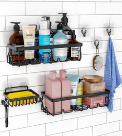 Shower Caddy 3 Pack Shower Organizer with 20 Hooks 3 Adhesive Hooks Large Capacity Stainless Steel Black Shower Shelves No Drilling Easy Installation Shower Shelf for Inside Shower