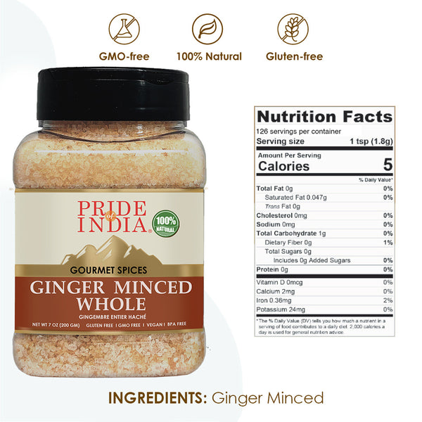 Pride of India - 7 oz Ginger Minced Whole - Gourmet Spice - Rich in Antioxidant - Potent Flavor - Great for Adding Flavor to Stir Fries & Sauces - Easy to Use