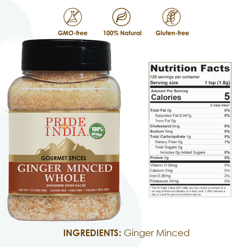 Pride of India - 7 oz Ginger Minced Whole - Gourmet Spice - Rich in Antioxidant - Potent Flavor - Great for Adding Flavor to Stir Fries & Sauces - Easy to Use