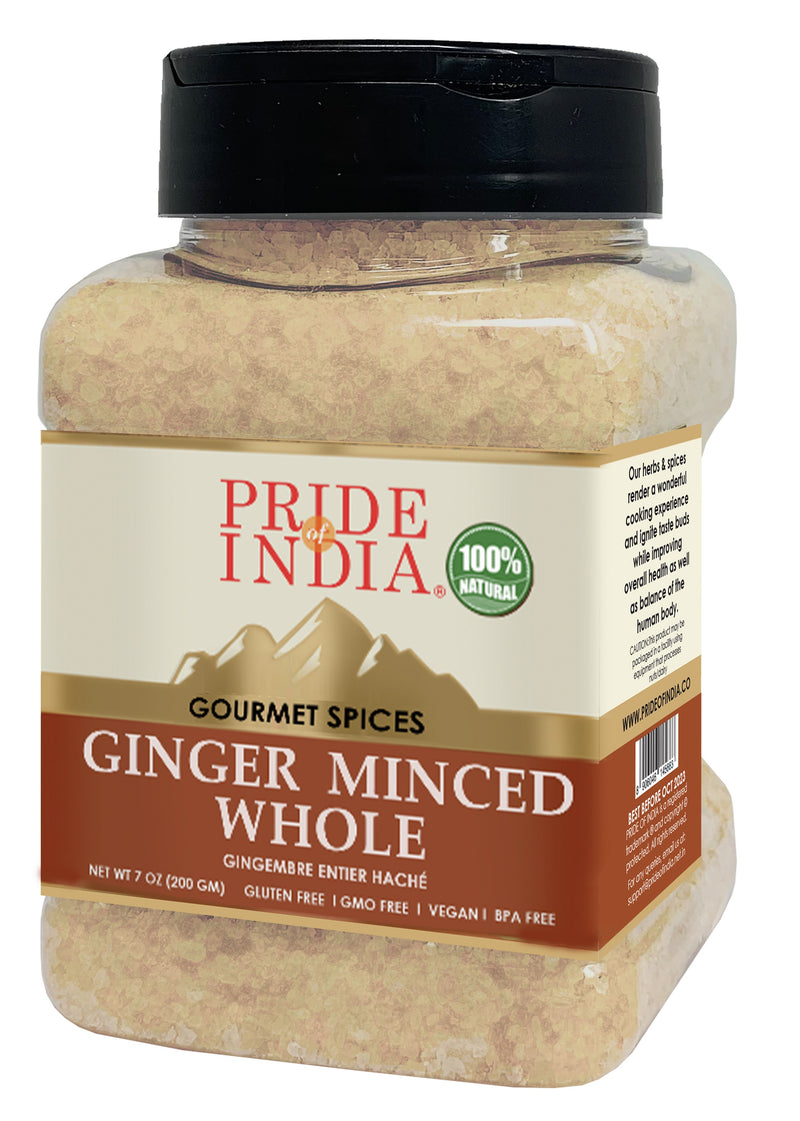 Pride of India - 7 oz Ginger Minced Whole - Gourmet Spice - Rich in Antioxidant - Potent Flavor - Great for Adding Flavor to Stir Fries & Sauces - Easy to Use