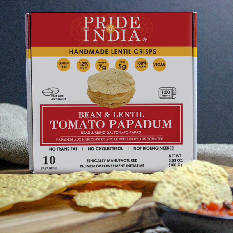 Pride Of India | Tomato Papadum, 10-Count (3.53oz - 100gm) | Protein Fiber & Iron Rich, Gluten-Free Vegan Lentil Crackers, Healthy Indian Appetizer | Microwaveable & Ready in Seconds