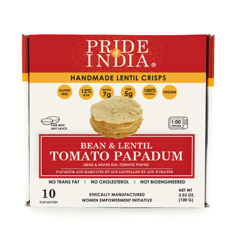 Pride Of India | Bean & Lentil Tomato Papadum, Pack of 6-10 Count Box (3.53oz - 100gm)