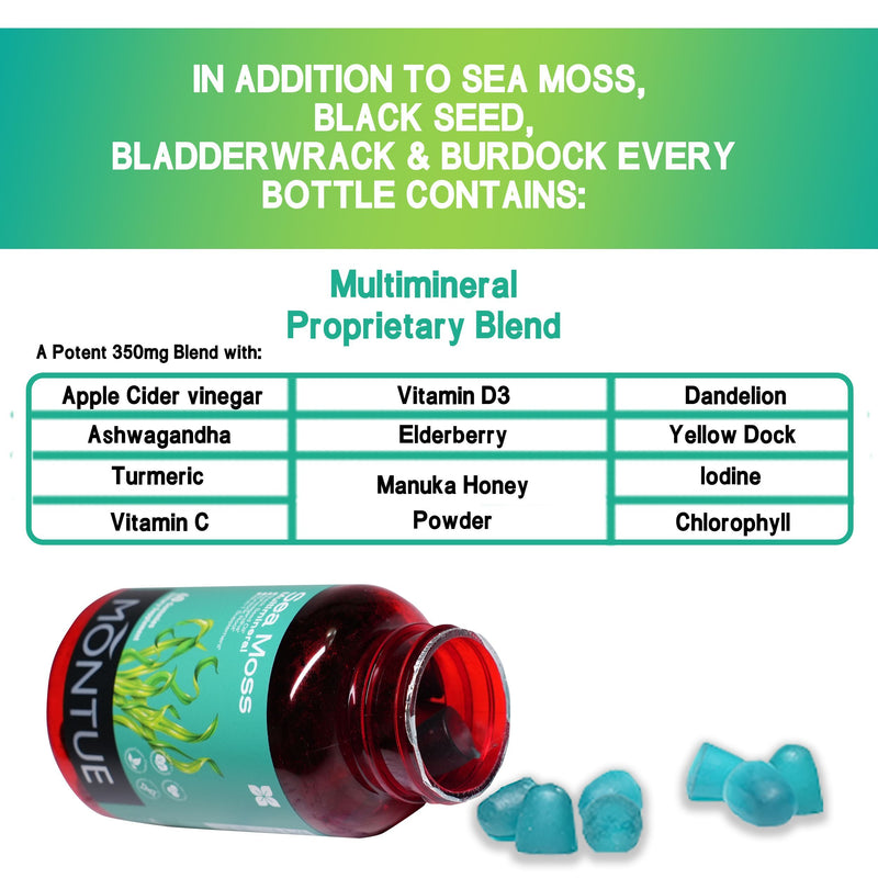 Multimineral Sea Moss & Black Seed Oil & Ashwagandha & Burdock Root & Vitamin D3 - 60 Gummies All-in-OnePremium Irish Seaweed & Vitamin C & Supplement Healthcare Dietary Fitness Edible