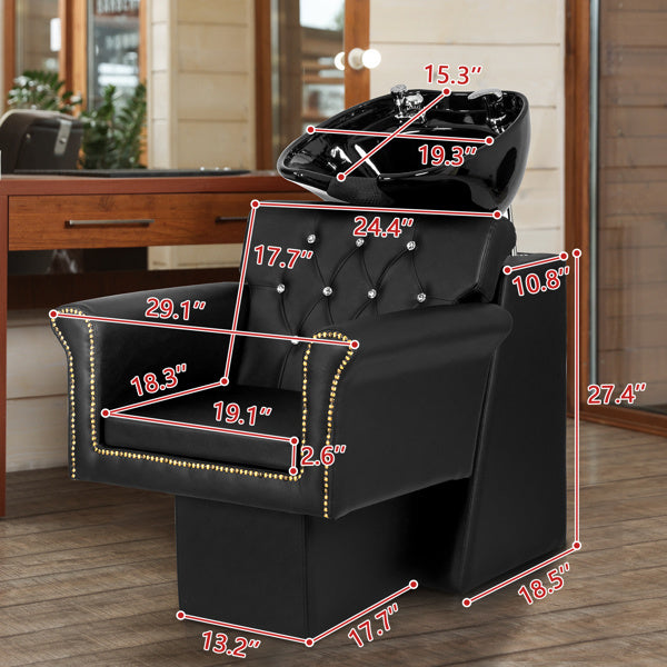 PVC leather plywood rear seat ceramic black basin acrylic backrest rivet style armrest hair washing chair black