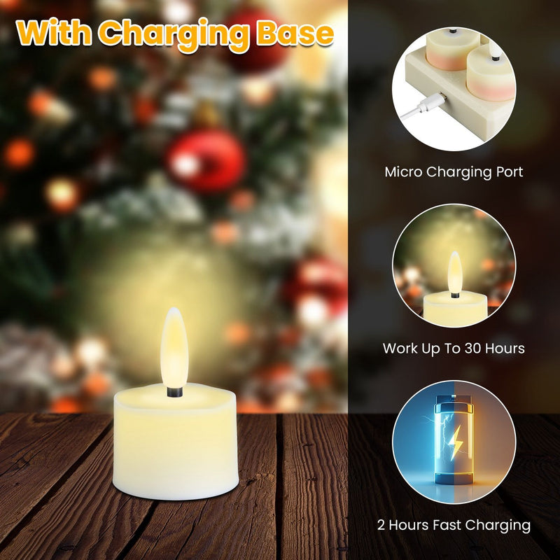 6Pack Rechargeable Tea Lights With Charging Base Flameless Flickering LED Candles with Timer Remote Control for Halloween Christmas Wedding Party