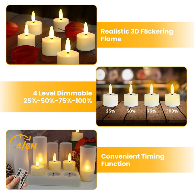 6Pack Rechargeable Tea Lights With Charging Base Flameless Flickering LED Candles with Timer Remote Control for Halloween Christmas Wedding Party