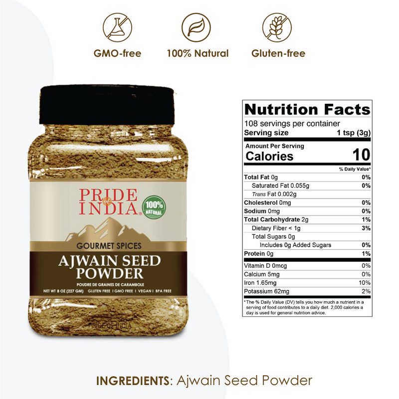 Pride of India - Ajwain Seed Powder - Gourmet Indian Spice - Made from Fresh Carom Seeds - Rich in Nutrients - Aromatic & Flavorful - Easy to Use - 2.1 oz. Small Dual Sifter Bottle