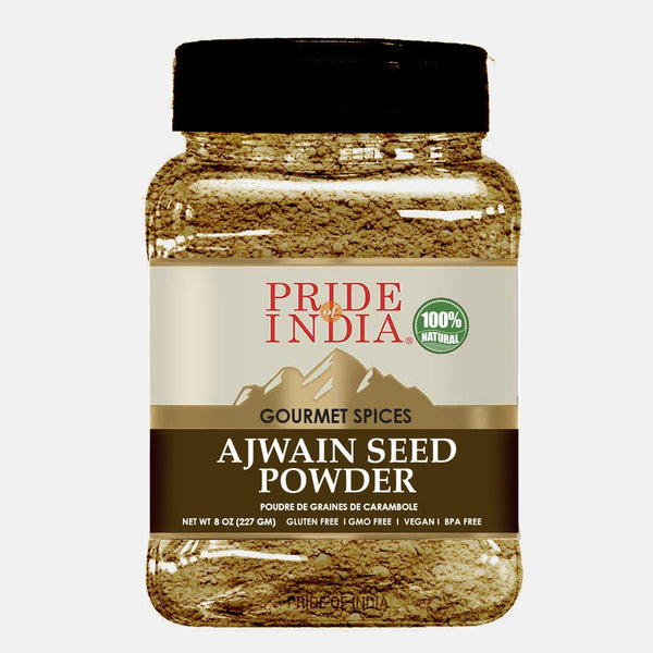 Pride of India - Ajwain Seed Powder - Gourmet Indian Spice - Made from Fresh Carom Seeds - Rich in Nutrients - Aromatic & Flavorful - Easy to Use - 2.1 oz. Small Dual Sifter Bottle