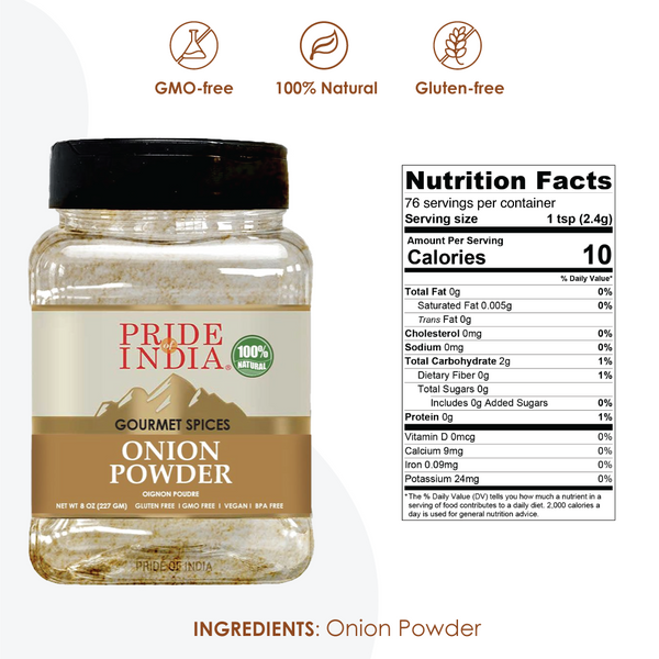 Pride of India - Onion Fine Ground - Gourmet Spice for Cooking - Pantry Essential - Adds Flavor to Sauces/Dips/Rubs/Marinades - Easy to Use - 3.1 oz. Small Dual Sifter Jar