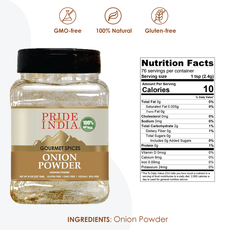 Pride of India - Onion Fine Ground - Gourmet Spice for Cooking - Pantry Essential - Adds Flavor to Sauces/Dips/Rubs/Marinades - Easy to Use - 3.1 oz. Small Dual Sifter Jar