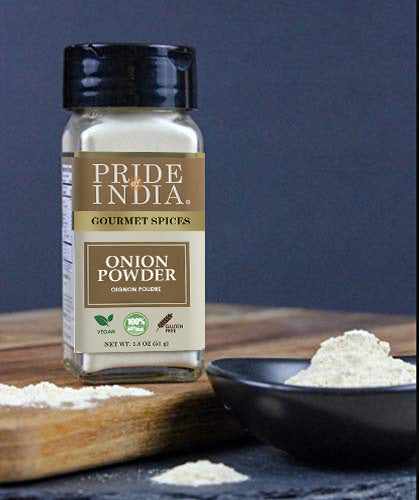 Pride of India - Onion Fine Ground - Gourmet Spice for Cooking - Pantry Essential - Adds Flavor to Sauces/Dips/Rubs/Marinades - Easy to Use - 3.1 oz. Small Dual Sifter Jar