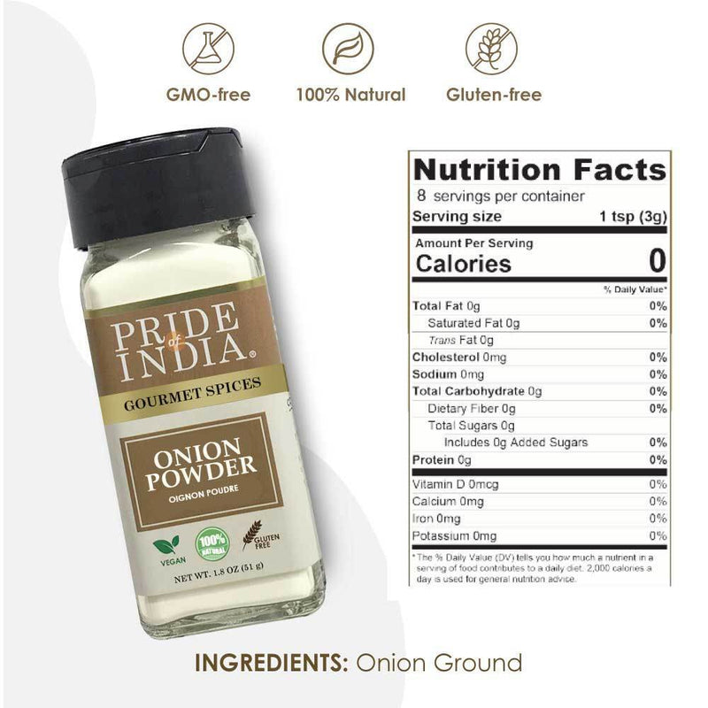 Pride of India - Onion Fine Ground - Gourmet Spice for Cooking - Pantry Essential - Adds Flavor to Sauces/Dips/Rubs/Marinades - Easy to Use - 3.1 oz. Small Dual Sifter Jar