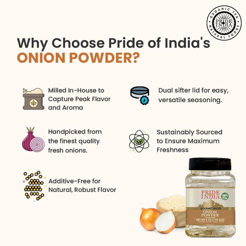 Pride of India - Onion Fine Ground - Gourmet Spice for Cooking - Pantry Essential - Adds Flavor to Sauces/Dips/Rubs/Marinades - Easy to Use - 3.1 oz. Small Dual Sifter Jar