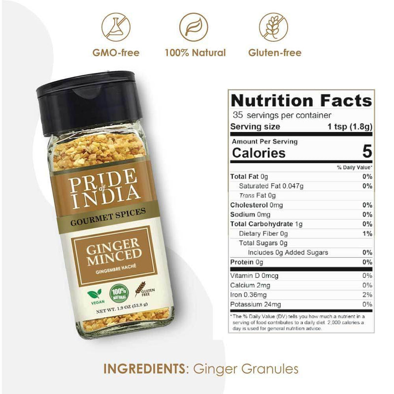 Pride of India - 1.9 oz Ginger Minced Whole - Gourmet Spice - Rich in Antioxidant - Potent Flavor - Great for Adding Flavor to Stir Fries & Sauces - Easy to Use - 1.9 oz. Small Dual Sifter Bottle