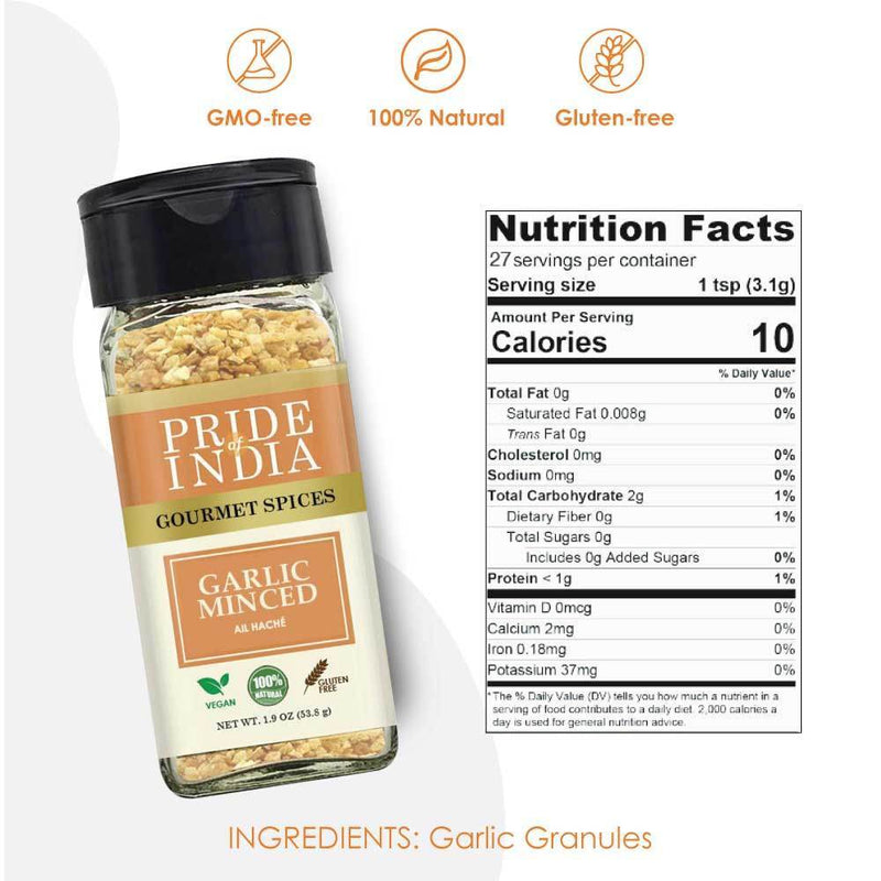 Pride of India - Garlic Minced - Gourmet Seasoning - Ideal for Dips/Sauces/Bread/Salad/Stir-Fries - Ideal Pantry Condiments - Easy to Use