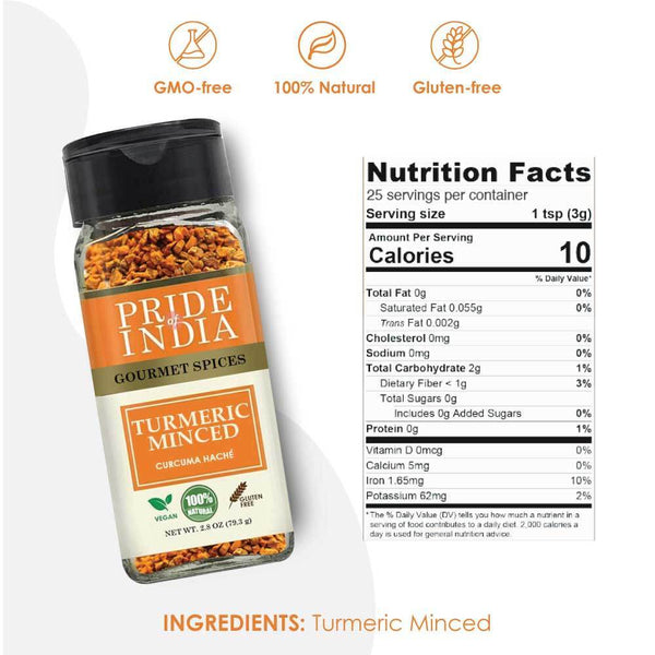 Pride of India - Turmeric Minced Whole - Gourmet Spice - Curcumin Rich/ Anti-inflammatory Properties - No Additives/ Gluten - Easy to Use - 2.8 oz. Small Dual Sifter Jar