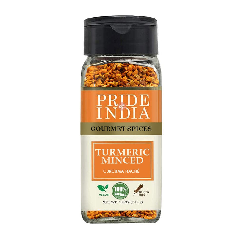 Pride of India - Turmeric Minced Whole - Gourmet Spice - Curcumin Rich/ Anti-inflammatory Properties - No Additives/ Gluten - Easy to Use - 2.8 oz. Small Dual Sifter Jar