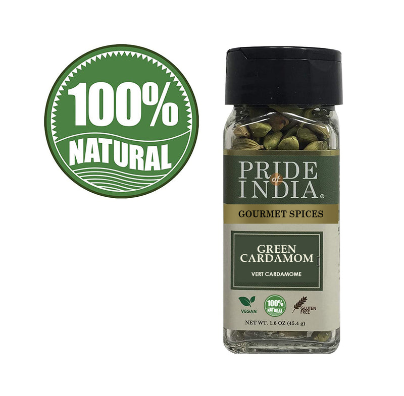 Pride of India - Green Cardamom Whole - Gourmet & Aromatic Spice - Flavoring agent for bakes/teas/drinks & more - Full Bodied Green Pods - 1.6 oz. Small Dual Sifter Bottle