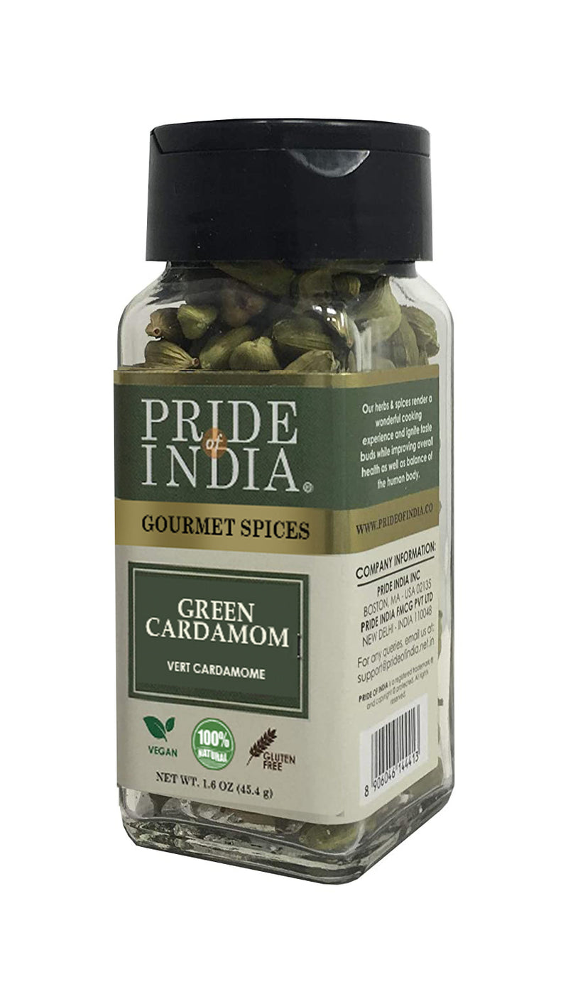 Pride of India - Green Cardamom Whole - Gourmet & Aromatic Spice - Flavoring agent for bakes/teas/drinks & more - Full Bodied Green Pods - 1.6 oz. Small Dual Sifter Bottle