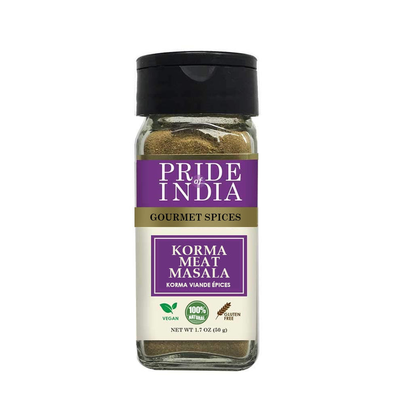 Pride of India - Korma Meat Masala Mix - Ideal for Traditional Meat/Lamb Curry - Gourmet & Flavorful - Seasoning Spice Blend - Easy to Use - 1.7 oz. Small Dual Sifter Bottle