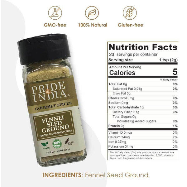 Pride of India - Fennel Seed Ground - Natural & Gourmet Spice - Perfect Addition to Tea/Drinks/ Roast/Rubs/Bakes/ - Cooling Properties - Easy to Use - 1.8 oz. Small Dual Sifter Jar