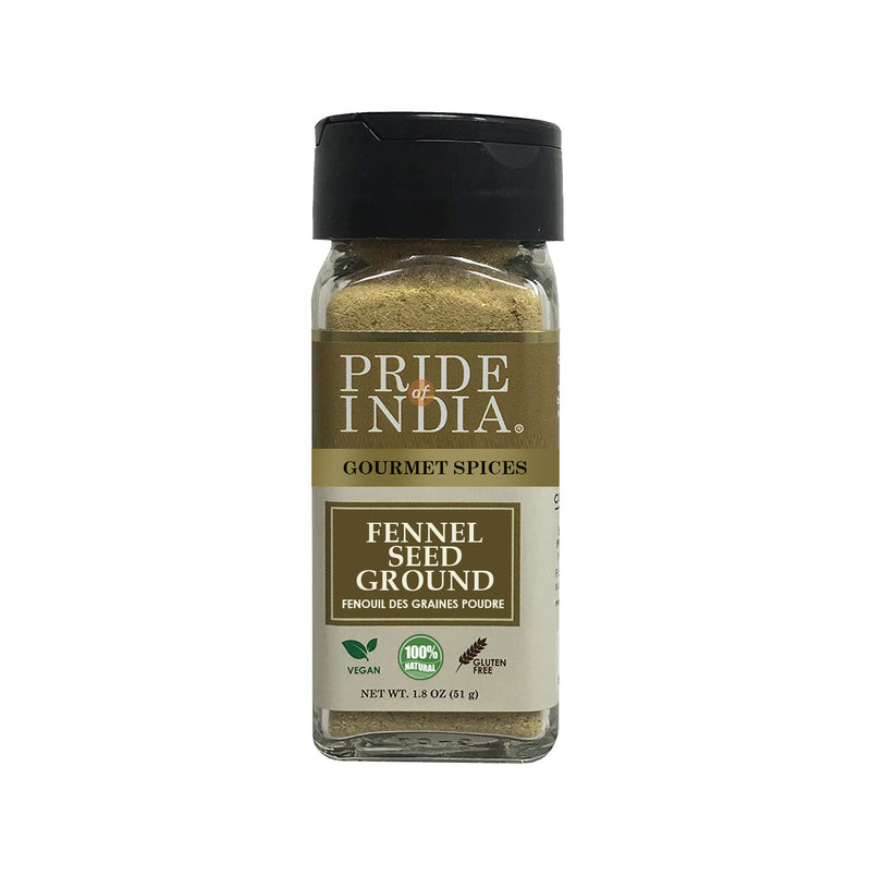 Pride of India - Fennel Seed Ground - Natural & Gourmet Spice - Perfect Addition to Tea/Drinks/ Roast/Rubs/Bakes/ - Cooling Properties - Easy to Use - 1.8 oz. Small Dual Sifter Jar