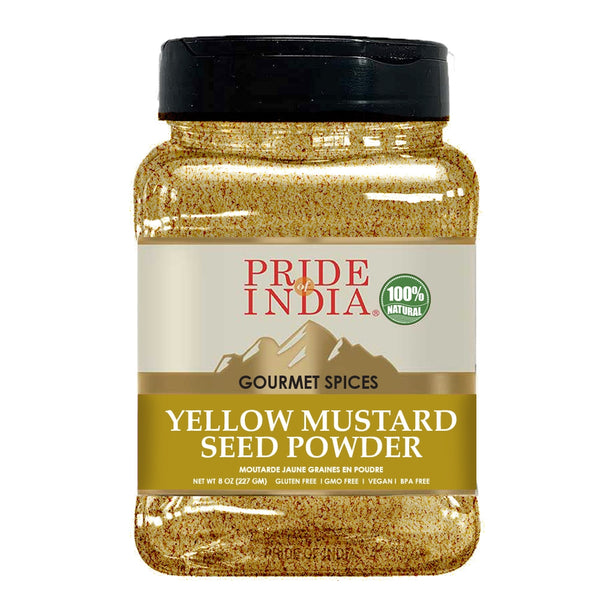 Pride of India - Yellow Mustard Ground - Gourmet Spice - Ideal for Pickles/Mustard Dressing/Sauces/ Hotdogs - Preservatives & Additives Free - Easy to Use - 2.6 oz. Small Dual Sifter