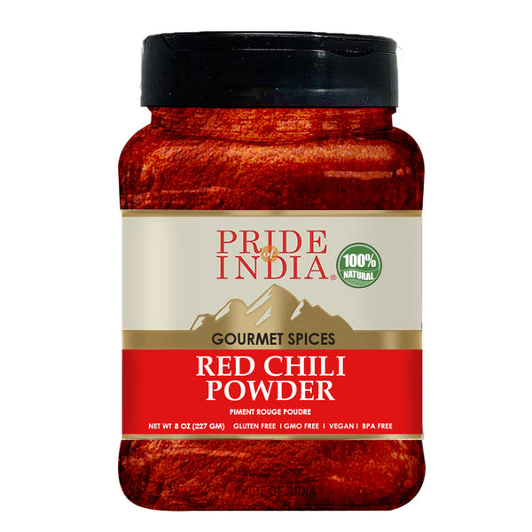 Pride of India - Red Chili Ground - Traditional Indian Spice - Ideal for Gourmet & Savory Dishes Dishes - GMO/Gluten Free - Easy to Use - 2.5 oz. Small Dual Sifter Jar