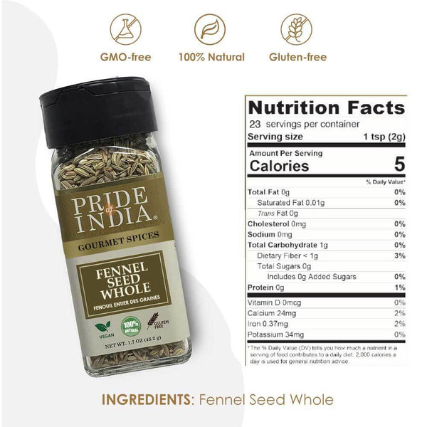 Pride of India - Fennel Seed Whole - Gourmet Spice - Fresh & Aromatic - Mouth Freshener - GMO/Gluten Free - Flavoring for bakes, meat & more - Easy to Use - 1.7 oz. Small Dual Sifter Bottle