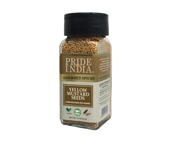 Pride of India - Yellow Mustard Seed Whole - Pungent & Aromatic - Gourmet Indian Spice - Add in Salads/Dressings/Chicken/ Meat/Pickles - Easy to Use - 2.8 oz. Small Dual Sifter Bottle