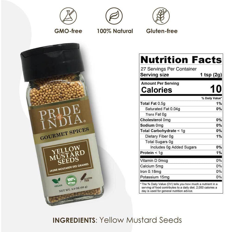 Pride of India - Yellow Mustard Seed Whole - Pungent & Aromatic - Gourmet Indian Spice - Add in Salads/Dressings/Chicken/ Meat/Pickles - Easy to Use - 2.8 oz. Small Dual Sifter Bottle