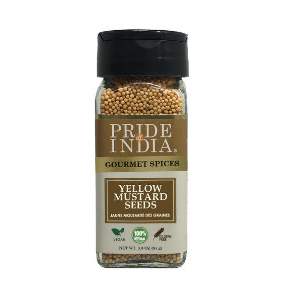 Pride of India - Yellow Mustard Seed Whole - Pungent & Aromatic - Gourmet Indian Spice - Add in Salads/Dressings/Chicken/ Meat/Pickles - Easy to Use - 2.8 oz. Small Dual Sifter Bottle