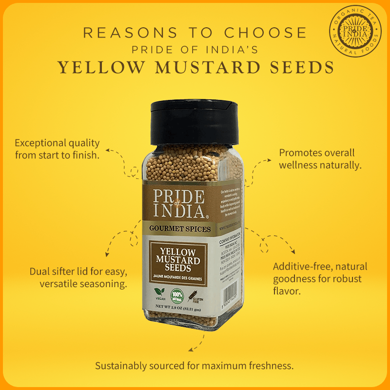 Pride of India - Yellow Mustard Seed Whole - Pungent & Aromatic - Gourmet Indian Spice - Add in Salads/Dressings/Chicken/ Meat/Pickles - Easy to Use - 2.8 oz. Small Dual Sifter Bottle