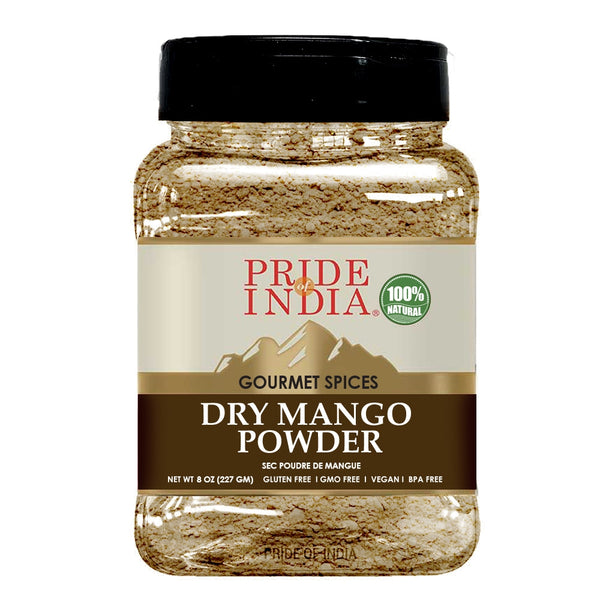 Pride of India - Dry Mango Powder - Amchur for Flavor and Taste - Gourmet Indian Spice - No Fillers or Artificial Colorants - Easy to Store - 8oz. Medium Dual Sifter Jar