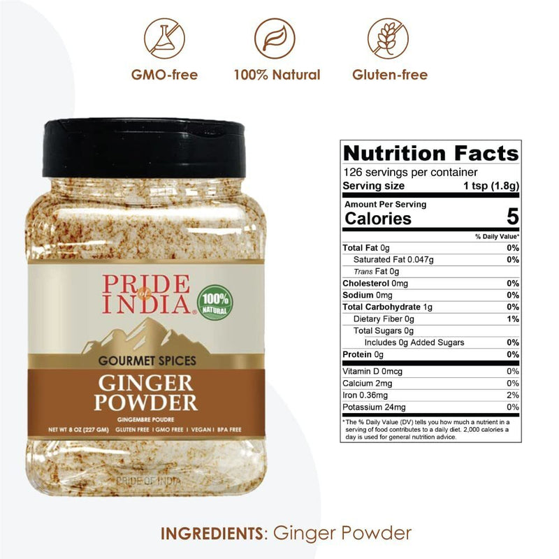 Pride of India | Ginger Fine Ground 6 oz (17 gm) Small Dual Sifter Jar | Easy to Use Blends Well | Perfect for Cooking, Baking, Tea, Curries, Soups | All Natural, Vegan, Non-Bioengineered, Gluten-Free