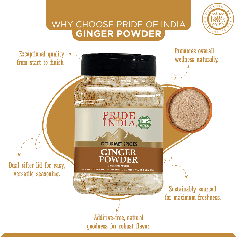 Pride of India | Ginger Fine Ground 6 oz (17 gm) Small Dual Sifter Jar | Easy to Use Blends Well | Perfect for Cooking, Baking, Tea, Curries, Soups | All Natural, Vegan, Non-Bioengineered, Gluten-Free