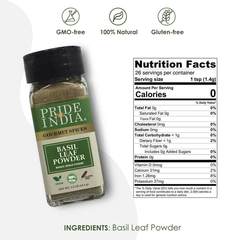 Pride of India - Basil Leaf Powder - Gourmet & Culinary Spice - Mediterranean Seasoning - Adds Flavor to pesto/stews/curries - Additives Free - Easy to Use - 1.6 oz. Small Dual Sifter Jar