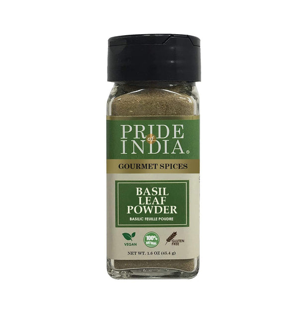 Pride of India - Basil Leaf Powder - Gourmet & Culinary Spice - Mediterranean Seasoning - Adds Flavor to pesto/stews/curries - Additives Free - Easy to Use - 1.6 oz. Small Dual Sifter Jar