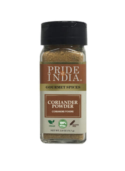 Pride of India - Coriander Seed Ground - Authentic Indian Spice - Freshly Packed Gourmet Spice - Must Ingredient in Indian & Middle Eastern Cuisines - Easy to Use - 2.6 oz. Small Dual Sifter Jar