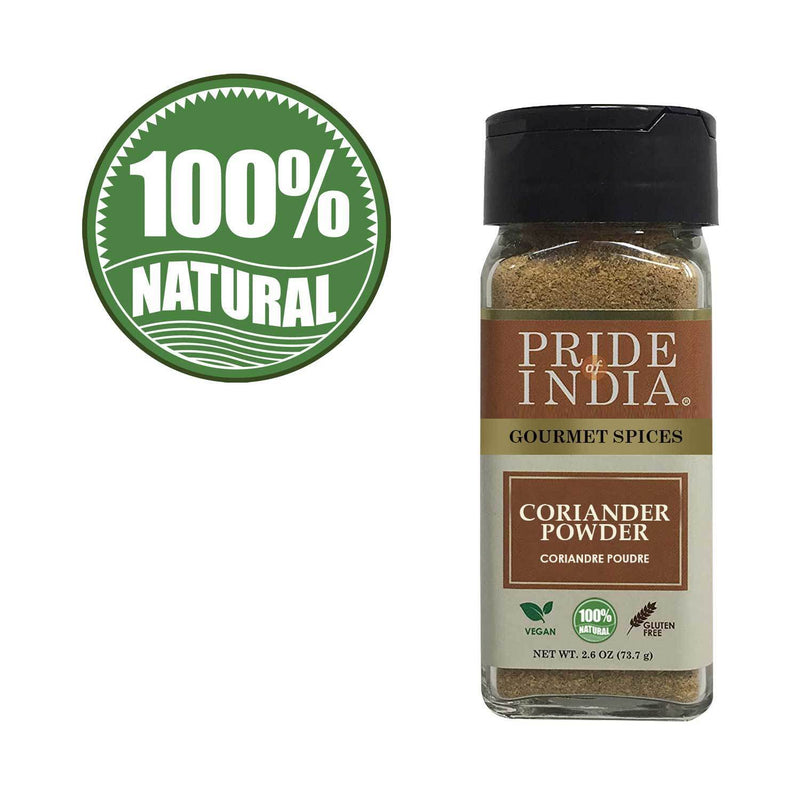 Pride of India - Coriander Seed Ground - Authentic Indian Spice - Freshly Packed Gourmet Spice - Must Ingredient in Indian & Middle Eastern Cuisines - Easy to Use - 2.6 oz. Small Dual Sifter Jar