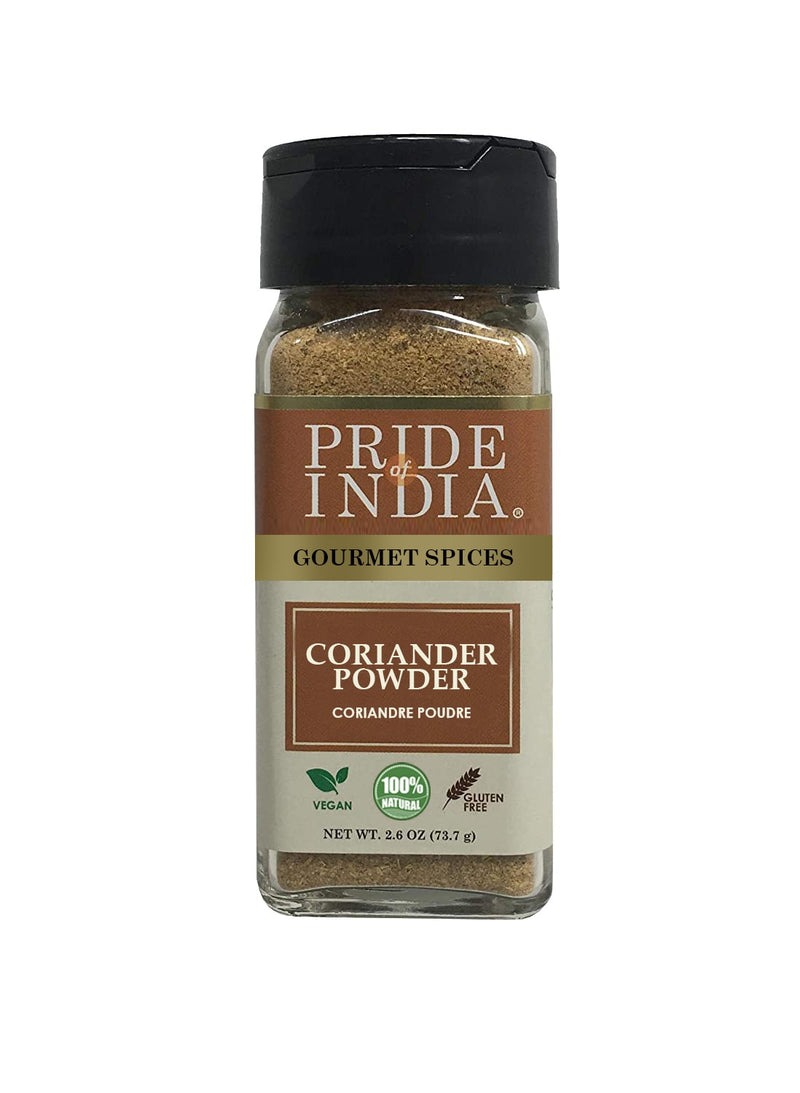 Pride of India - Coriander Seed Ground - Authentic Indian Spice - Freshly Packed Gourmet Spice - Must Ingredient in Indian & Middle Eastern Cuisines - Easy to Use - 2.6 oz. Small Dual Sifter Jar