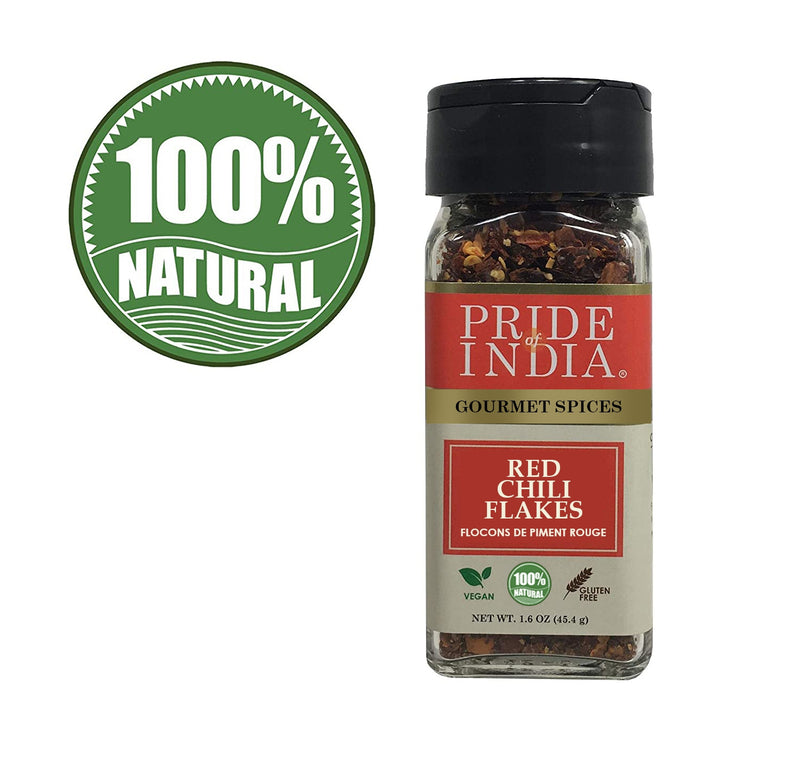 Pride of India - Red Chili Flakes - Gourmet Spice/ Culinary Must Have - Pleasant Heat/ Distinct Flavor & Aroma - Sprinkle onto Pizza/Pasta/Flatbread - Easy to Use - 1.6 oz. Small Dual Sifter Jar