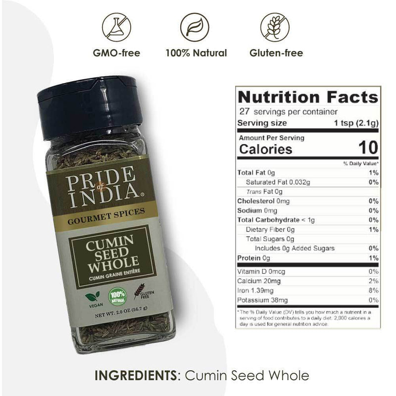 Pride of India | Cumin Seed Whole 1.8 oz (51.02 gm) Small Dual Sifter Jar | Gourmet Indian Spice | Adds Excellent Flavor, Aroma | Perfect for Lentil Dishes, Rice Pilafs, Vegetable Stir-Fries, Curries