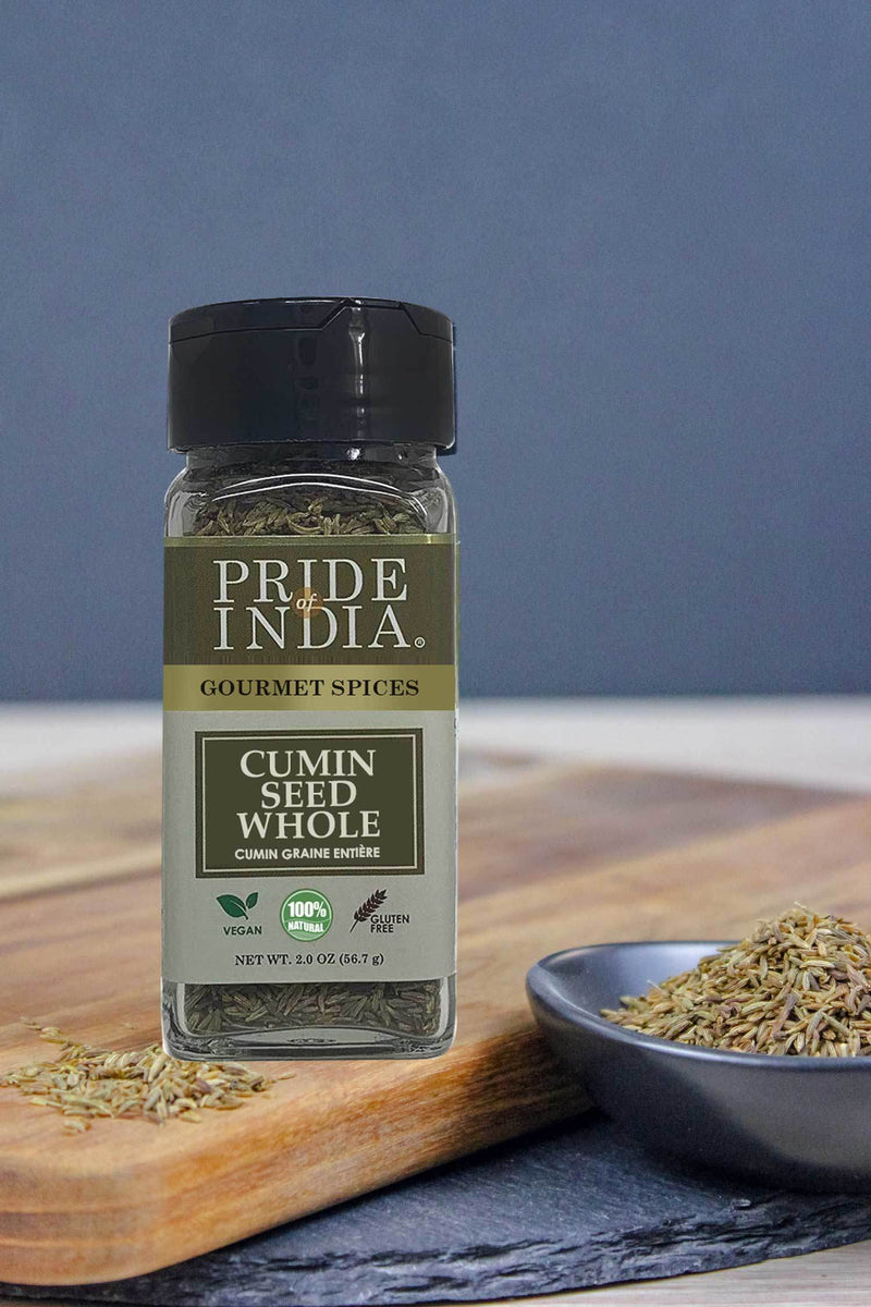 Pride of India | Cumin Seed Whole 1.8 oz (51.02 gm) Small Dual Sifter Jar | Gourmet Indian Spice | Adds Excellent Flavor, Aroma | Perfect for Lentil Dishes, Rice Pilafs, Vegetable Stir-Fries, Curries