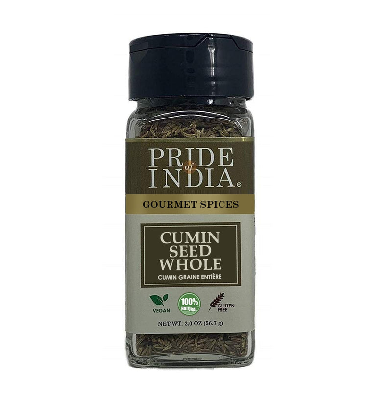 Pride of India | Cumin Seed Whole 1.8 oz (51.02 gm) Small Dual Sifter Jar | Gourmet Indian Spice | Adds Excellent Flavor, Aroma | Perfect for Lentil Dishes, Rice Pilafs, Vegetable Stir-Fries, Curries