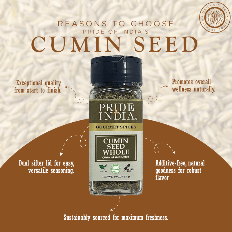 Pride of India | Cumin Seed Whole 1.8 oz (51.02 gm) Small Dual Sifter Jar | Gourmet Indian Spice | Adds Excellent Flavor, Aroma | Perfect for Lentil Dishes, Rice Pilafs, Vegetable Stir-Fries, Curries