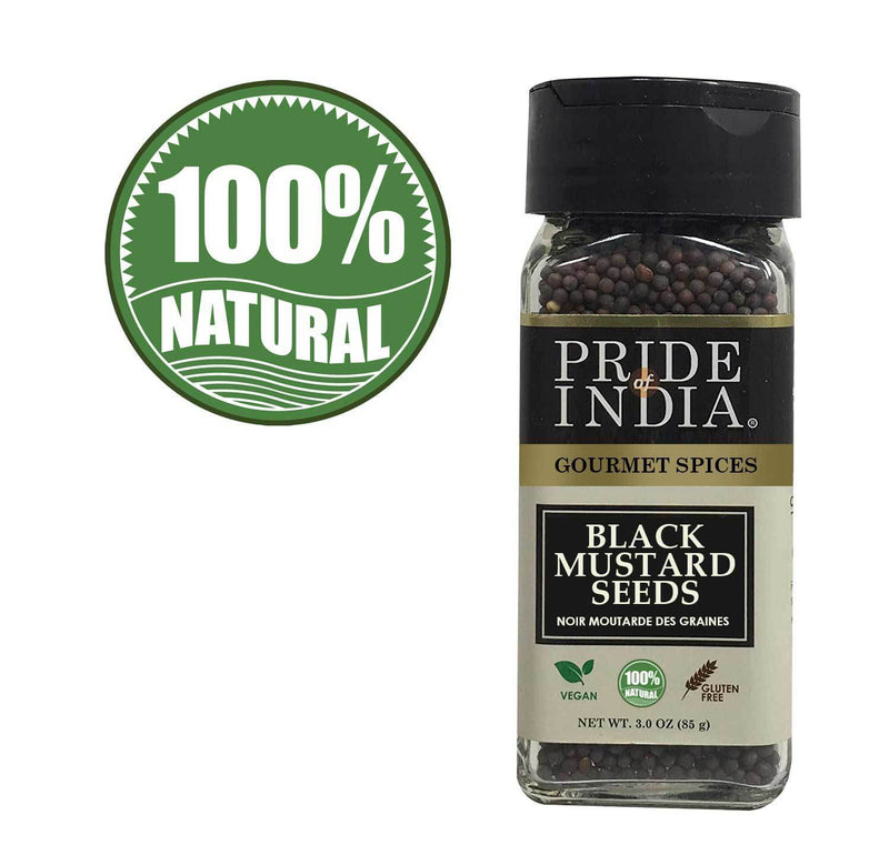 Pride of India | Black Mustard Seed 2.9 oz (82 gm) Small Dual Sifter Bottle | Gourmet & Vegan Indian Spice | Pungent/Spicy Flavor | Dry Seasoning | Gluten Free & Non-Bioengineered | Easy to Use