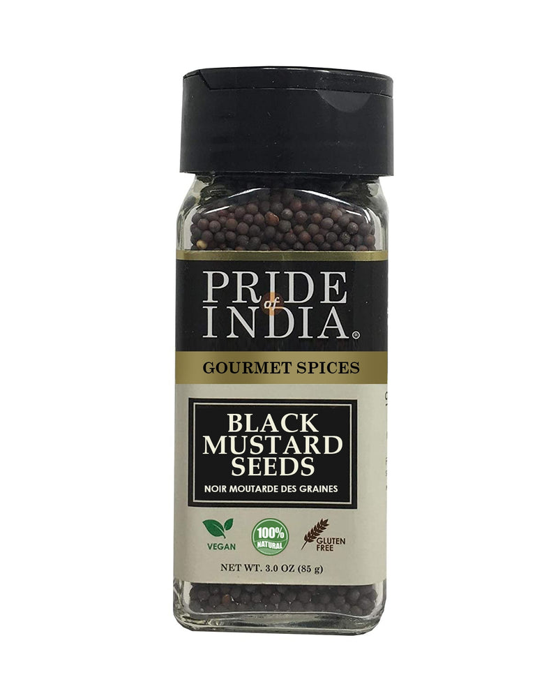 Pride of India | Black Mustard Seed 2.9 oz (82 gm) Small Dual Sifter Bottle | Gourmet & Vegan Indian Spice | Pungent/Spicy Flavor | Dry Seasoning | Gluten Free & Non-Bioengineered | Easy to Use