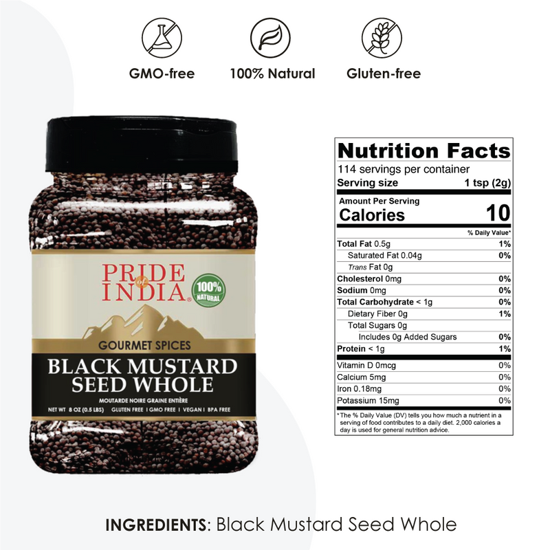 Pride of India | Black Mustard Seed 12 oz (340 gm) Medium Dual Sifter Bottle | Gourmet & Vegan Indian Spice | Pungent/Spicy Flavor | Dry Seasoning | Gluten Free & Non-Bioengineered | Easy to Use