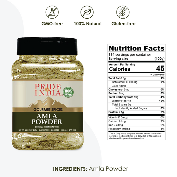 Pride of India - Amla Powder - Gourmet Spice - Tangy & Savory - Pure Indian Gooseberry Ground - Antioxidant Rich - GMO/Gluten Free - Easy to Use - 1.7 oz. Small Dual Sifter Bottle